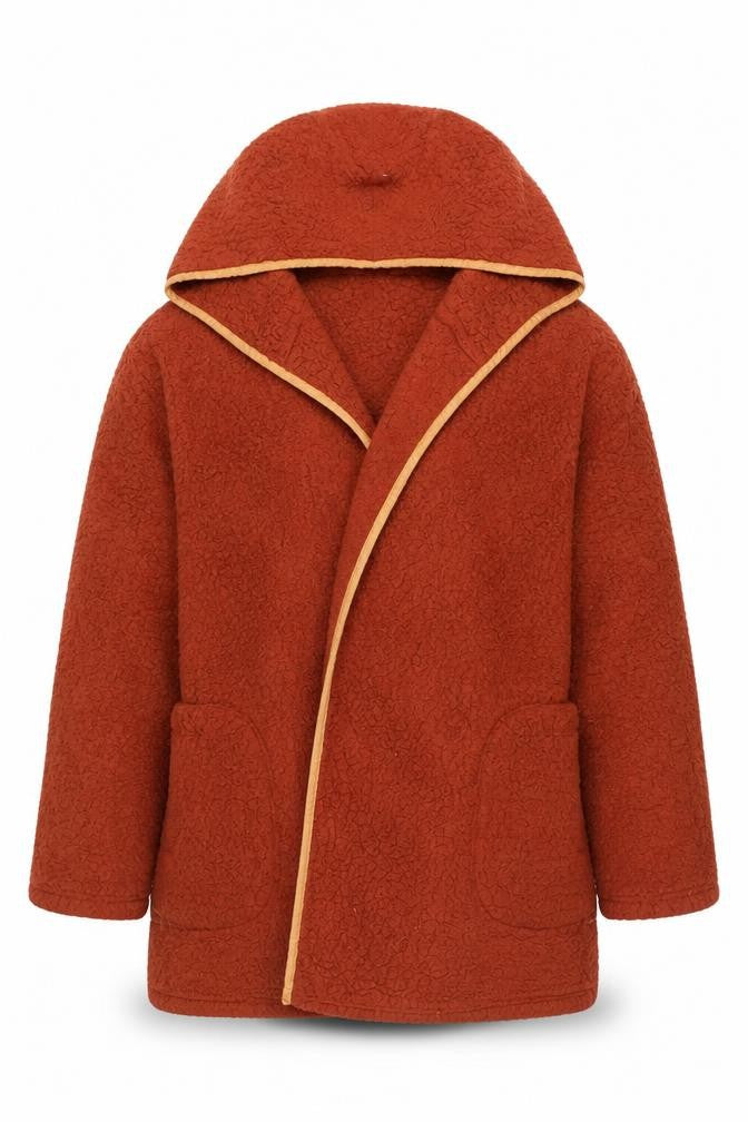 Front view of Me Jane Women's Brown Hooded Fleece Mid-Length Jacket