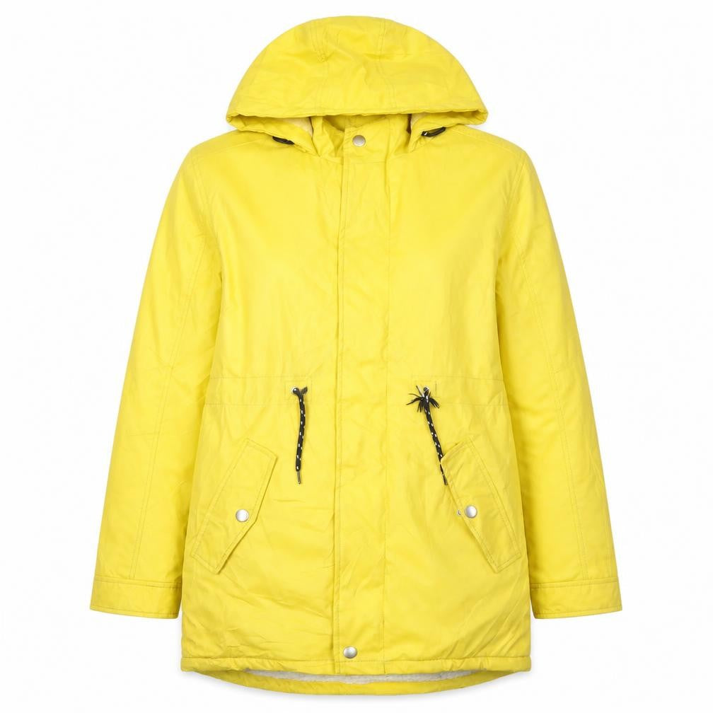 Front view of Lil Atelier Women's Yellow Parka Jacket, size 10, Hooded