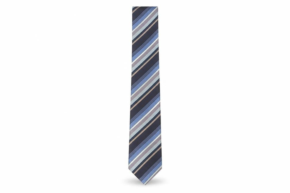 Front view of Harrods Silk Striped Tie Men Blue Black Beige Elegant