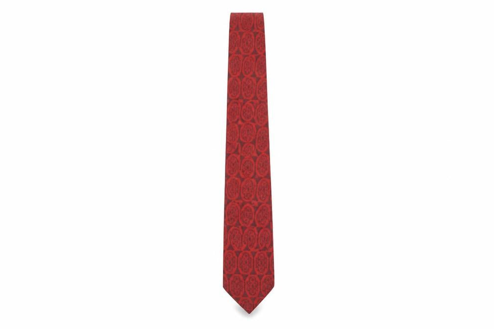 Front view of A Mertius Men's Red Geometric Slim Tie - Polyester