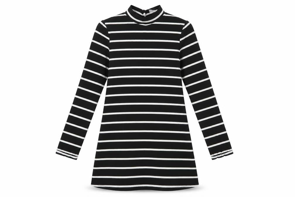 Front view of Dorothy Perkins Women's Black Striped Shift Dress, size 10