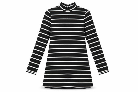Front view of Dorothy Perkins Women's Black Striped Shift Dress, size 10
