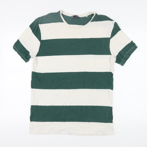 Bershka Men’s Green Striped Crew Neck T-Shirt L