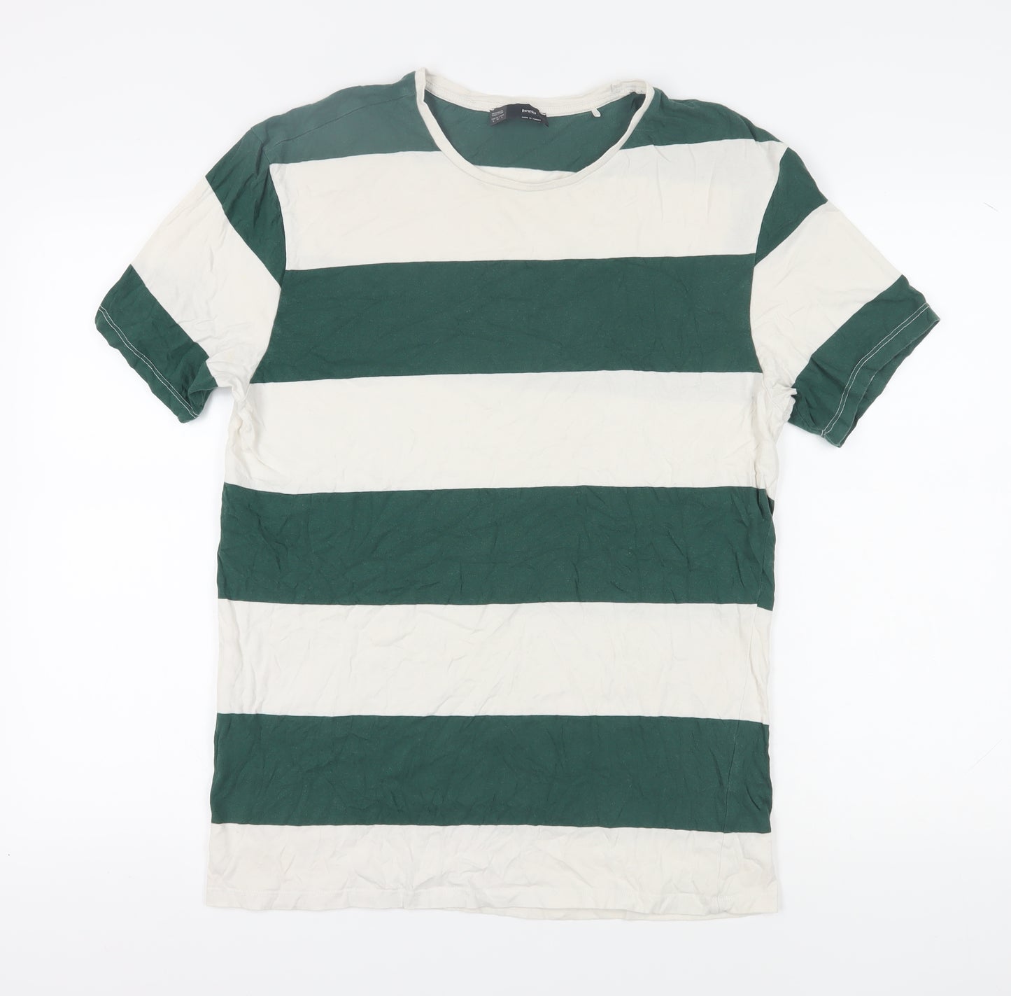 Bershka Men’s Green Striped Crew Neck T-Shirt L