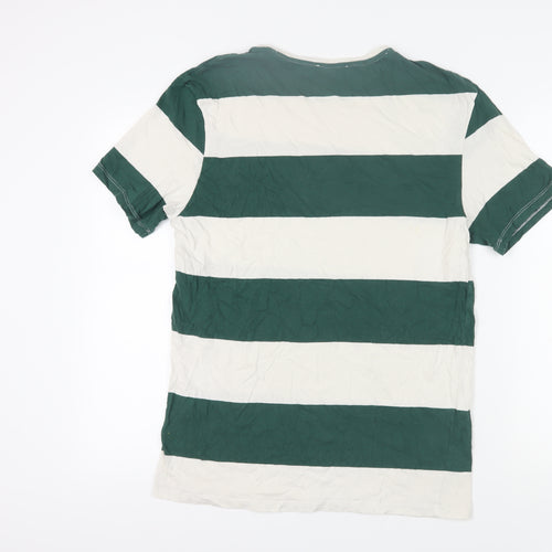 Bershka Men’s Green Striped Crew Neck T-Shirt L