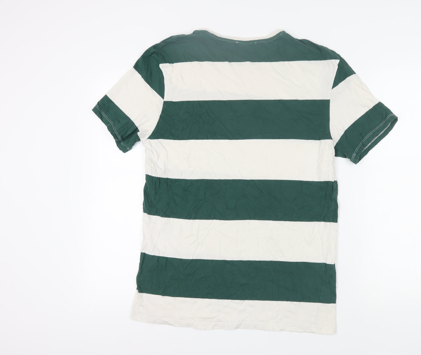 Bershka Men’s Green Striped Crew Neck T-Shirt L