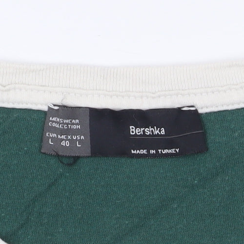 Bershka Men’s Green Striped Crew Neck T-Shirt L