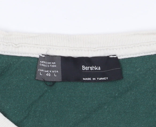 Bershka Men’s Green Striped Crew Neck T-Shirt L