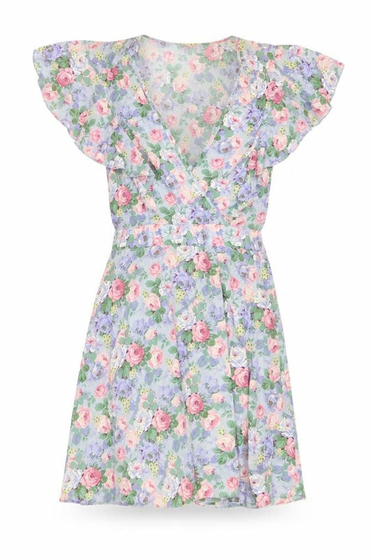 Front view of Warehouse Women's Floral Short Wrap Dress, size 12
