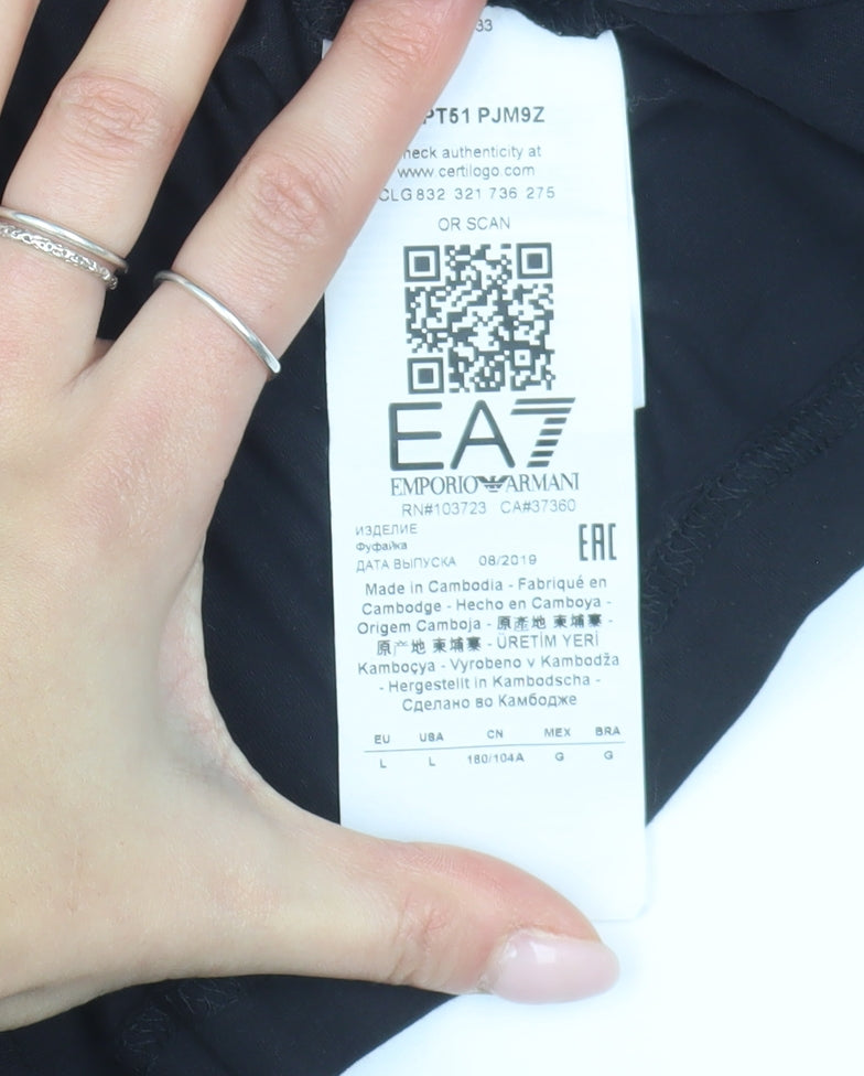 Emporio Armani Men's Black T-Shirt, Size L, Logo Detail