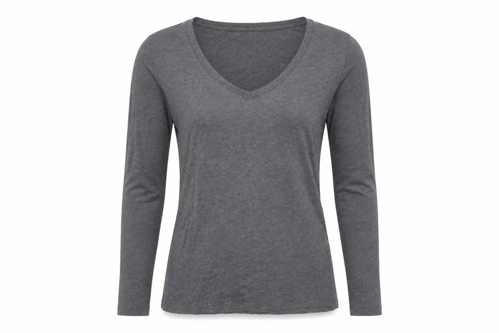 Front view of Banana Republic Women's Grey Basic V-Neck Long Sleeve T-Shirt