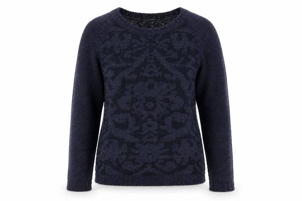 Front view of FatFace Women's Navy Acrylic Cable-Knit jumper