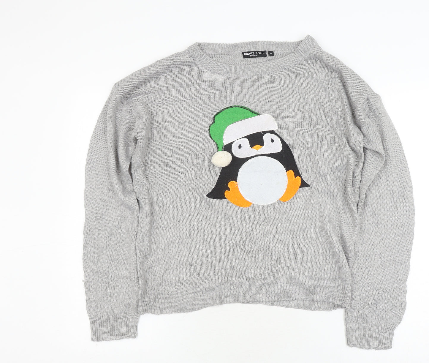 Brave Soul Men's Grey Penguin Christmas Jumper M