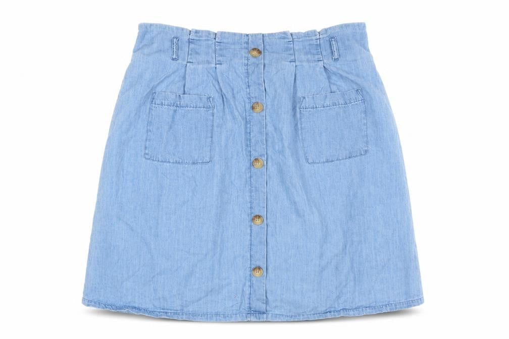 Front view of C&A Women's Blue Denim Skirt, size 14, with Buttons