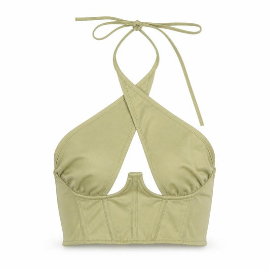 Front view of PRETTYLITTLETHING Women's Green Cropped Halter Tank, size 8