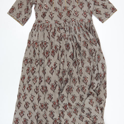 Swadesh Women's Brown Floral Midi A-Line Dress Size S