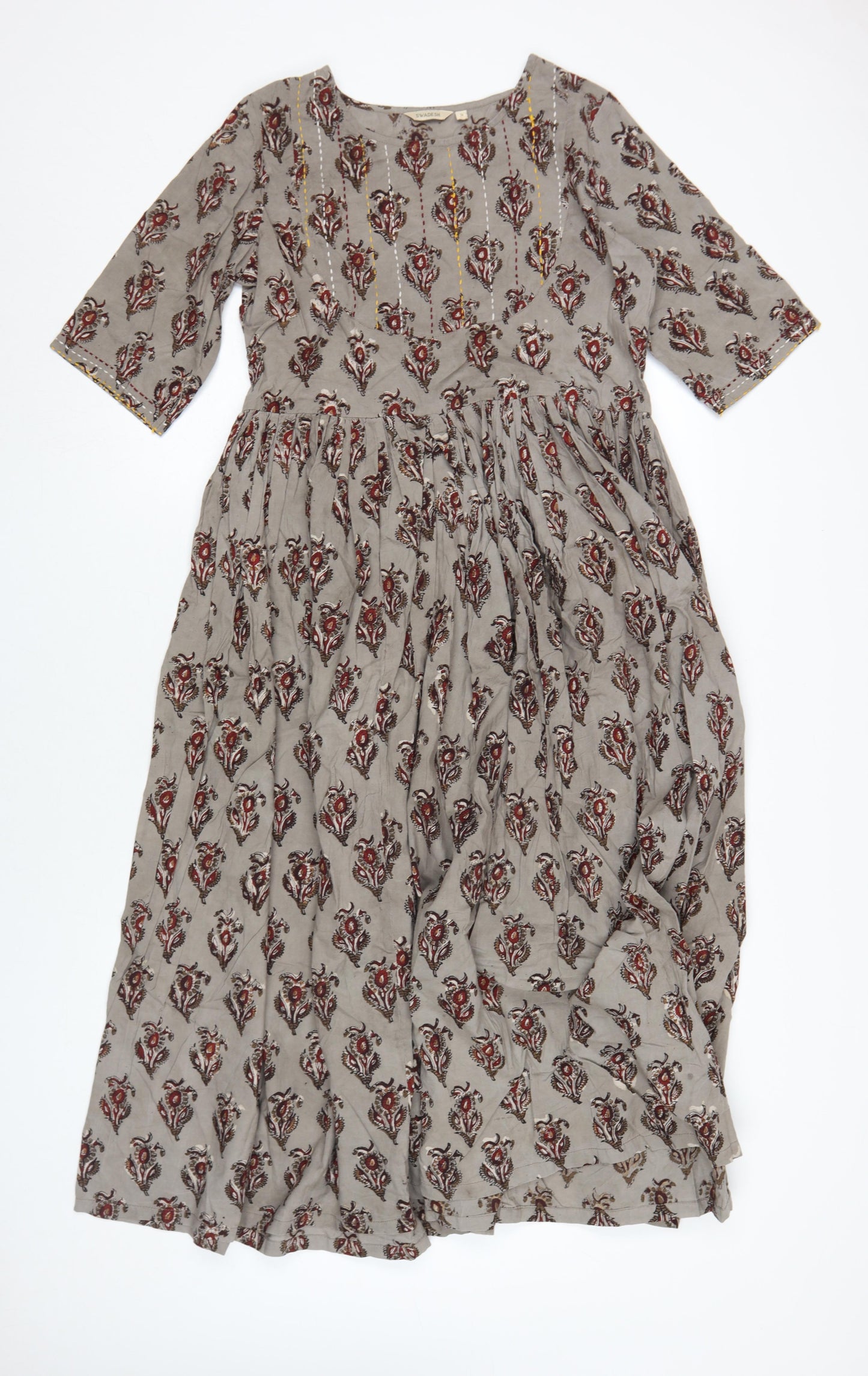 Swadesh Women's Brown Floral Midi A-Line Dress Size S