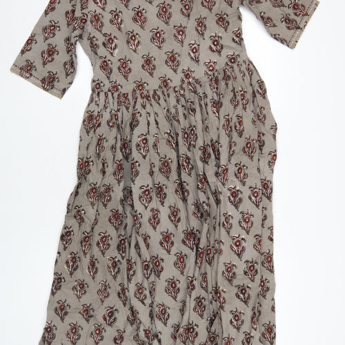 Swadesh Women's Brown Floral Midi A-Line Dress Size S