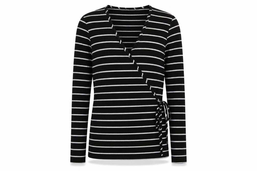 Front view of find Women's Black Striped Wrap Top XL
