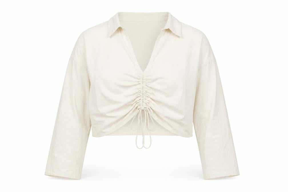 Front view of In The Style Women's Beige Cropped Blouse, size 18