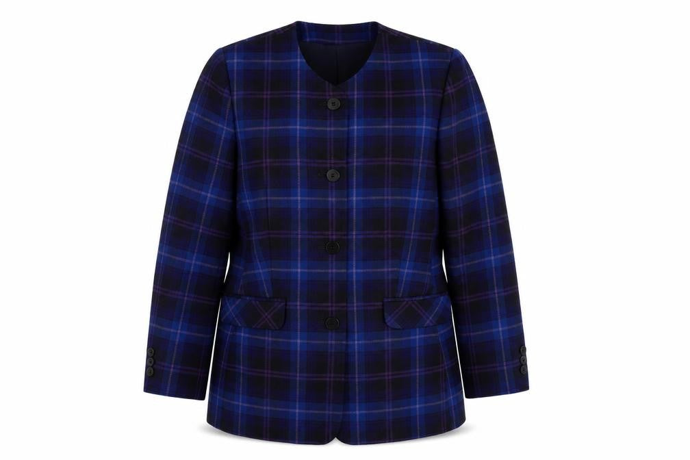 Front view of Edinburgh Collection Women's Blue Wool Plaid Jacket, size 12