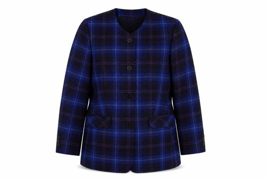Front view of Edinburgh Collection Women's Blue Wool Plaid Jacket, size 12