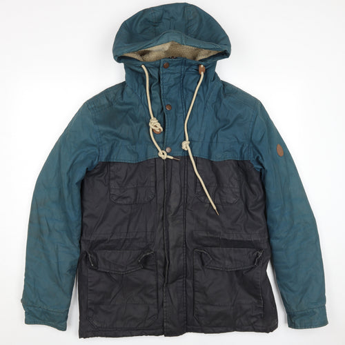 OPEN Men's Blue Hooded Parka Jacket, L, Cotton