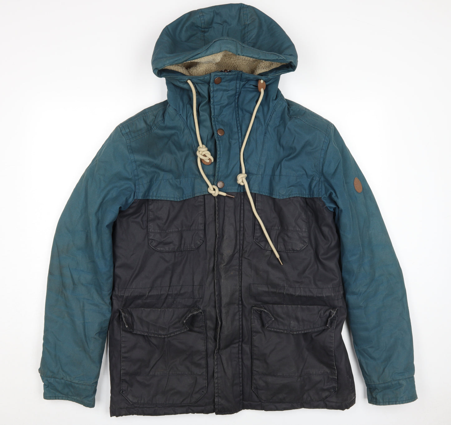 OPEN Men's Blue Hooded Parka Jacket, L, Cotton
