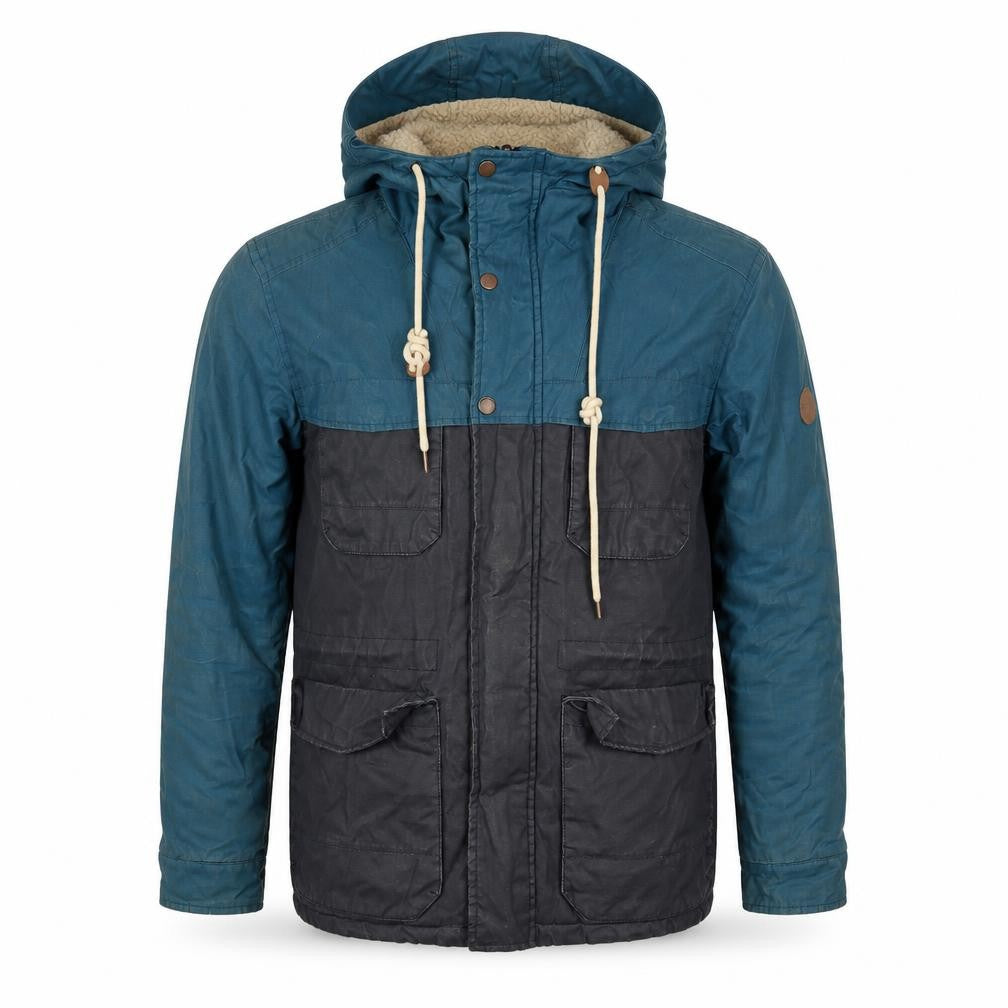 Front view of OPEN Men's Blue Hooded Parka Jacket, L, Cotton