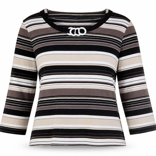 CC Women's Black Striped Petite T-Shirt, M, 3/4 Sleeve