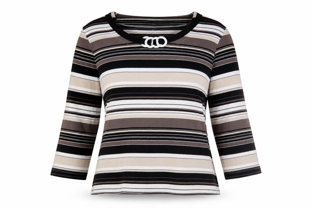 CC Women's Black Striped Petite T-Shirt, M, 3/4 Sleeve