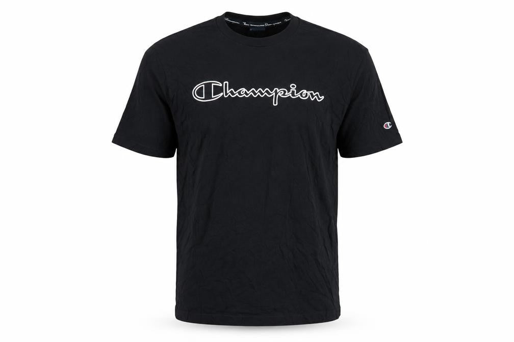 Front view of Champion Men's Black Medium Crew Neck T-Shirt