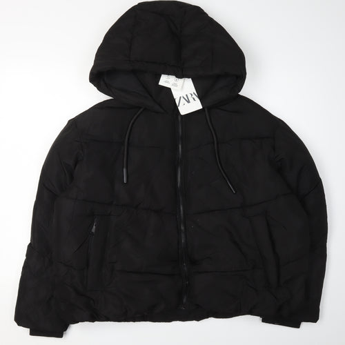 Zara Women's Black Puffer Jacket, Size L, Hooded Winter Style