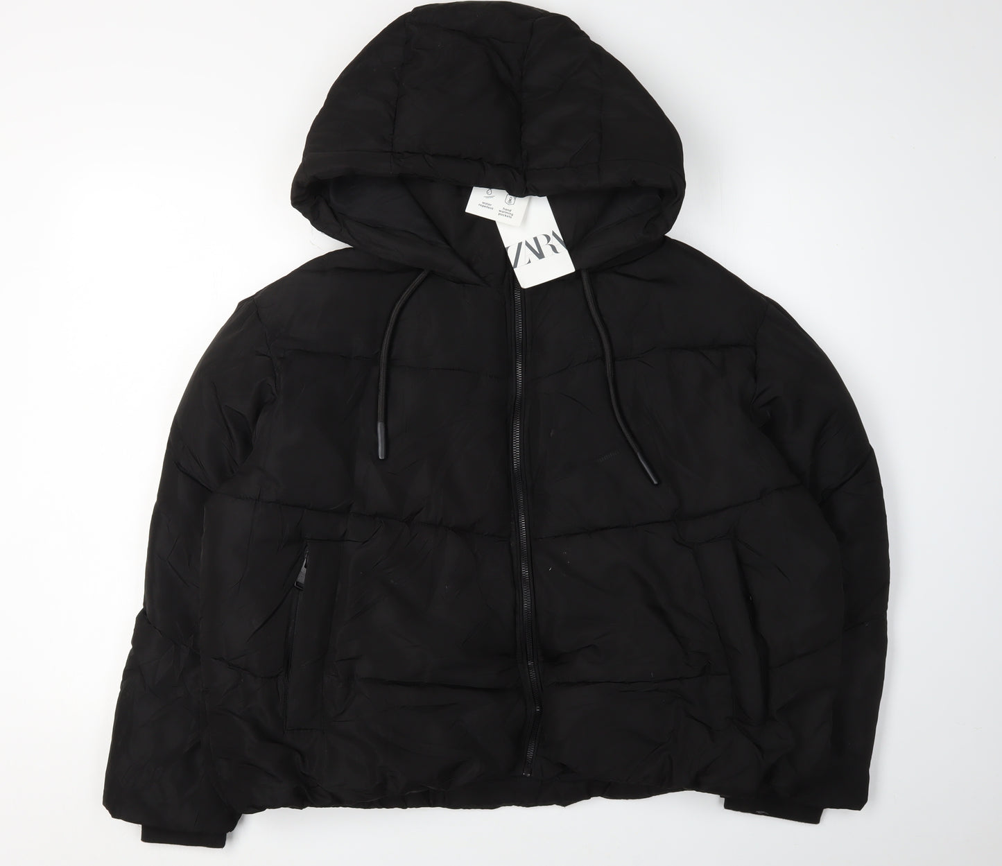 Zara Women's Black Puffer Jacket, Size L, Hooded Winter Style