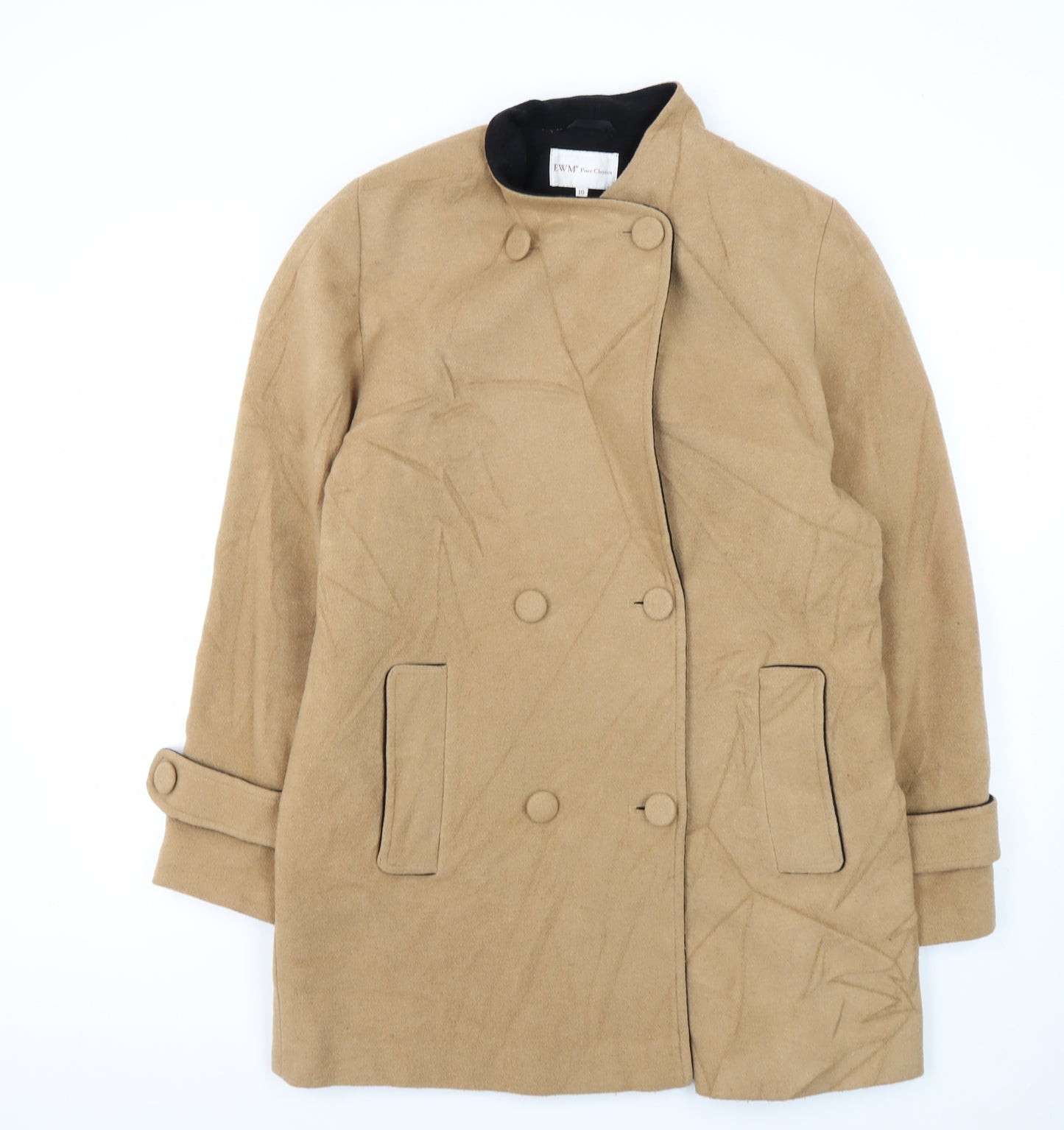 EWM Women's Beige Wool Blend Double-Breasted Pea Coat, Size 10