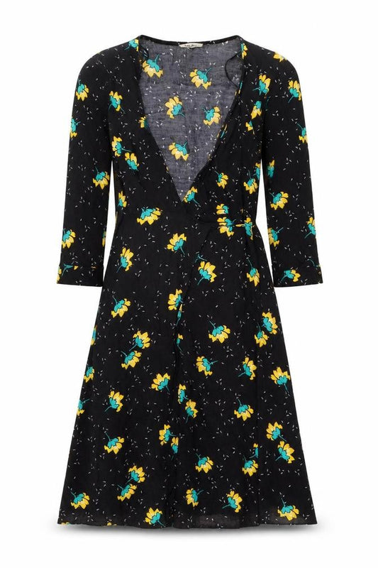 Front view of Dot & X Women's Black Floral Wrap Dress, size 10