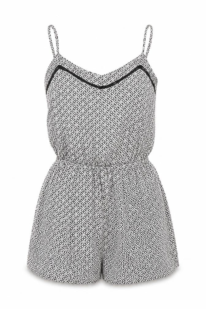 Front view of H&M Women's Black & White Geometric Playsuit, size 6, Sleeveless