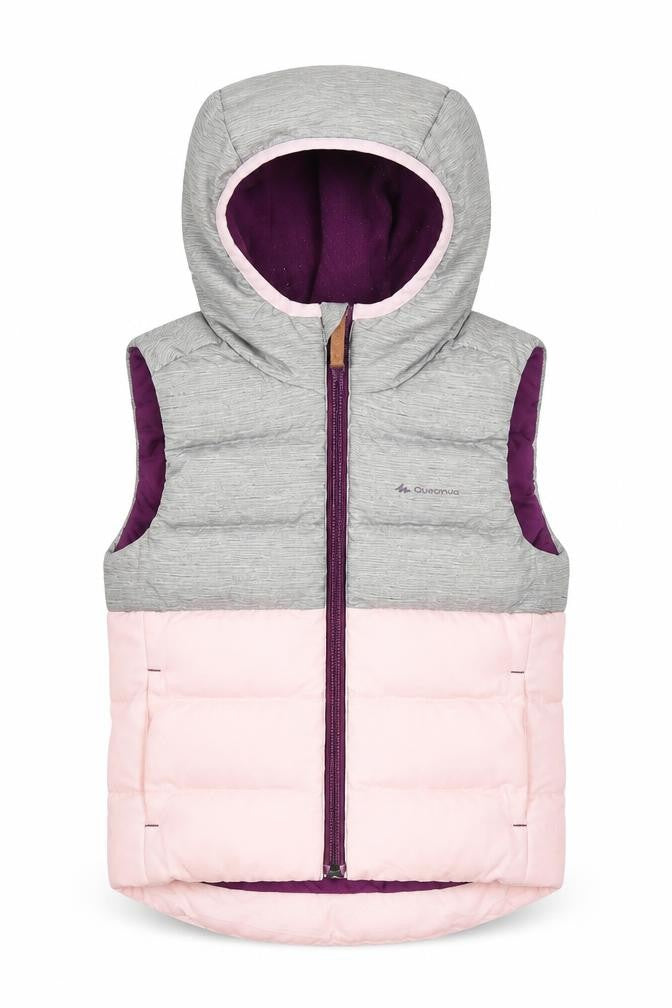 Front view of Decathlon girls’ grey pink puffer jacket 2-3 years