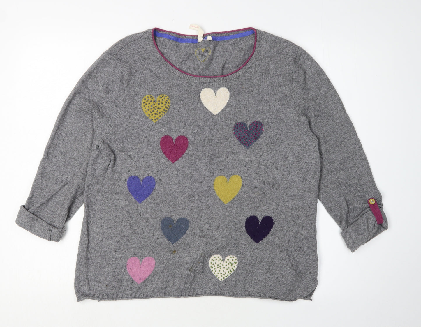 White Stuff Women's Grey Heart Jumper, Size 16, Cotton Blend
