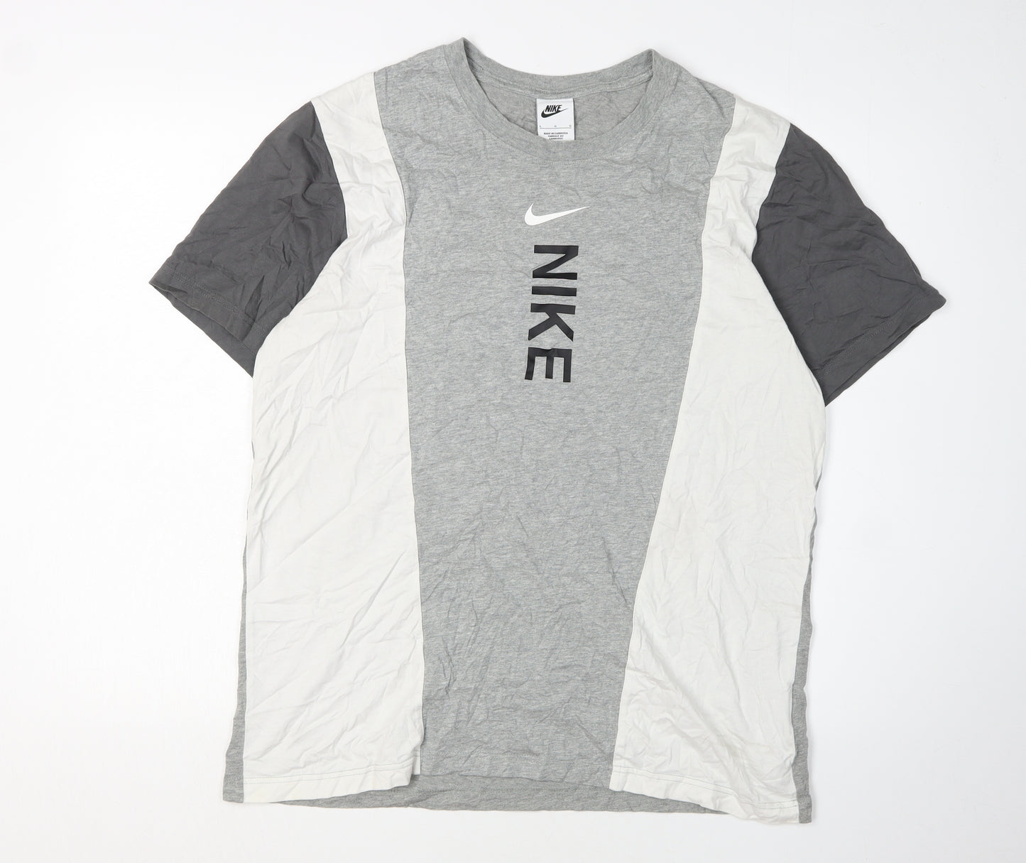 Nike Men's Grey Colourblock Logo T-Shirt - L