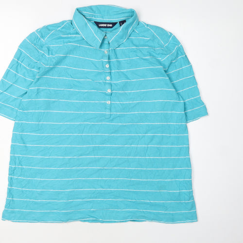 Lands' End Men's Blue Striped Collared T-Shirt M