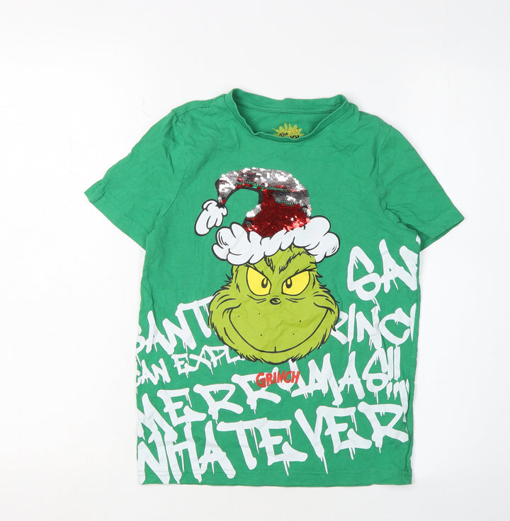 Tescos Boys Green Grinch Sequin T-Shirt 8-9 Years Christmas Fun