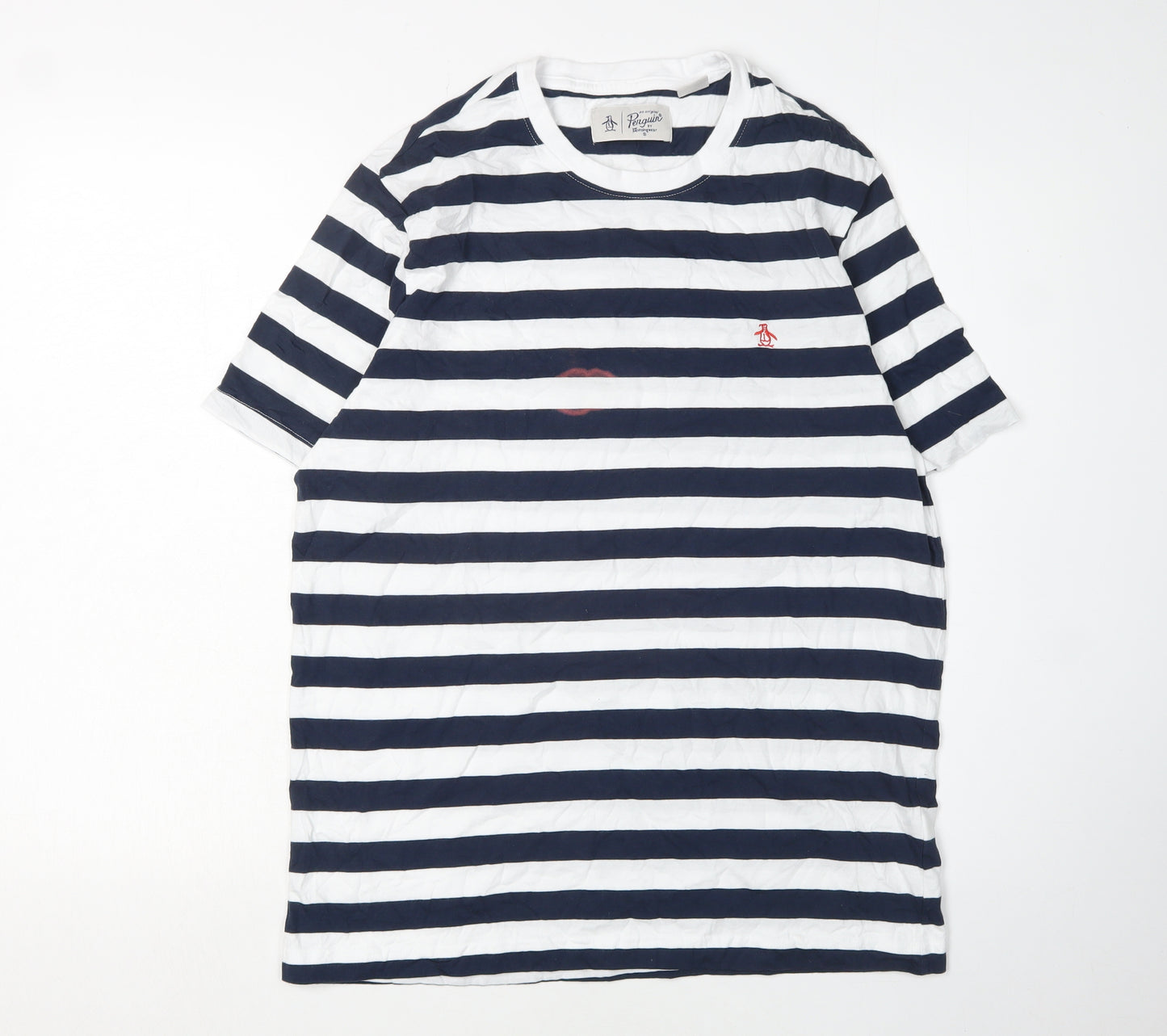 Penguin Men's Blue & White Striped T-Shirt, Size L