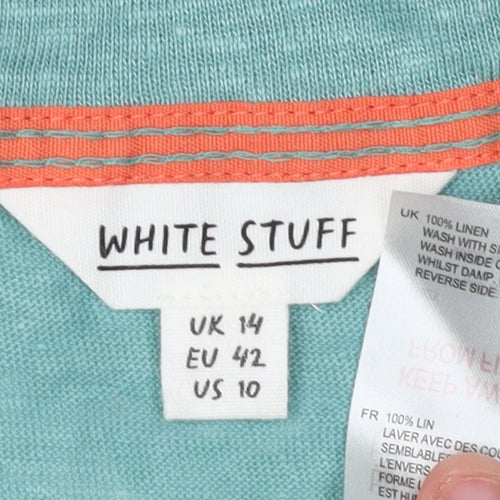 White Stuff Women’s Green Linen V-Neck T-Shirt Size 14