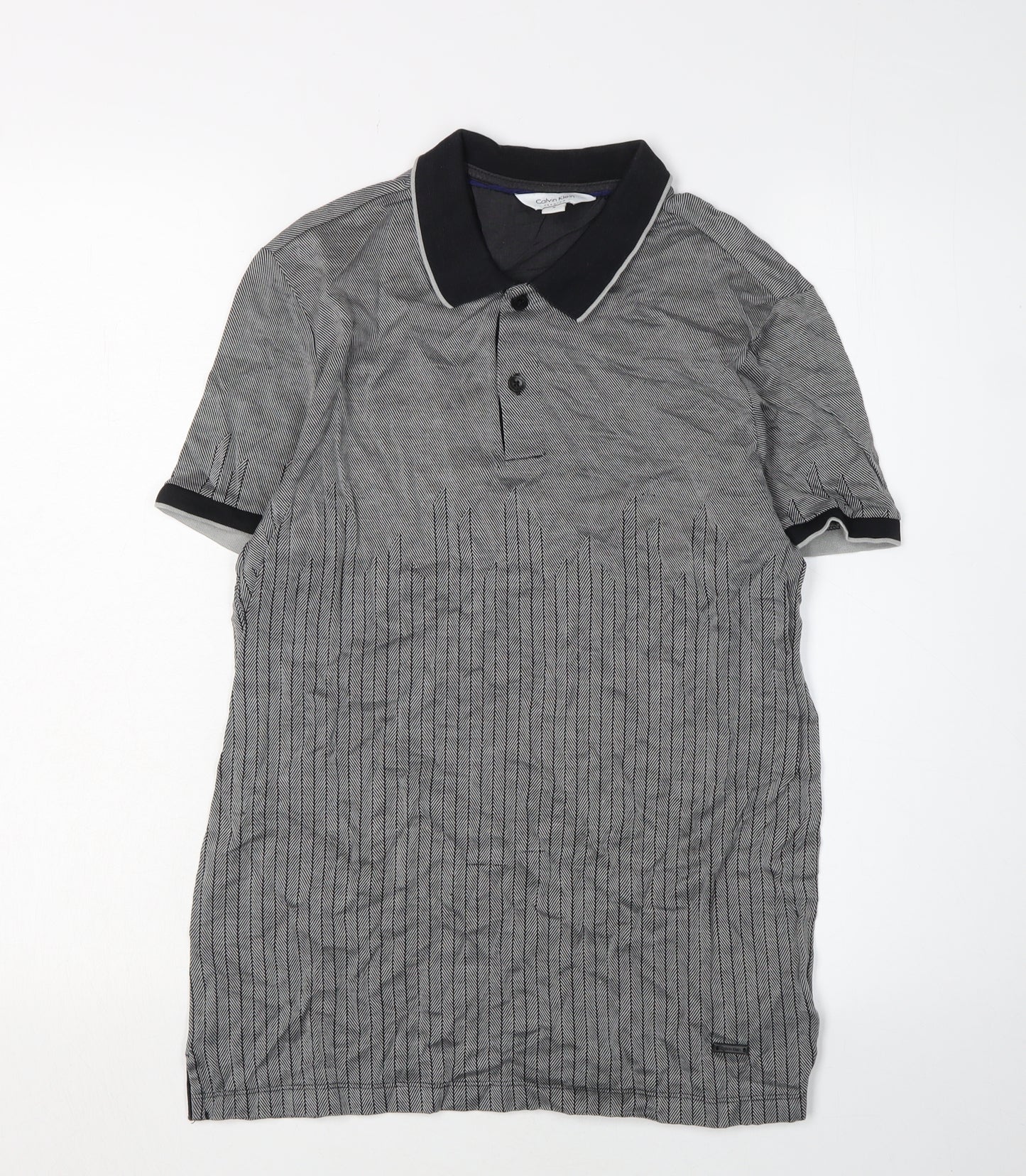 Calvin Klein Men's Grey Striped Polo Shirt Size S