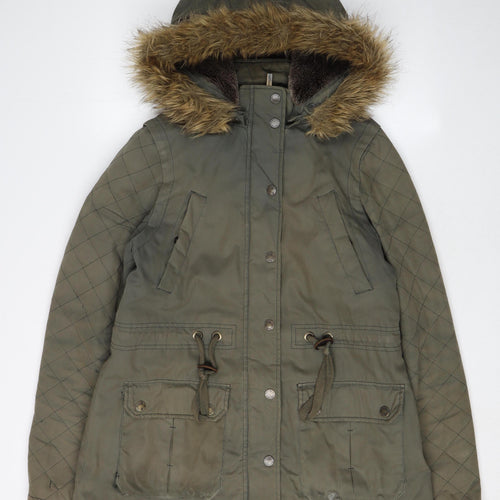 FatFace Women's Green Parka Jacket Size 10, Hooded & Fur Trim