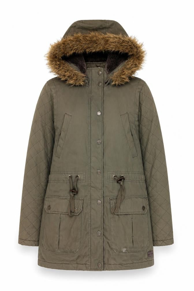 FatFace Women's Green Parka Jacket Size 10, Hooded & Fur Trim