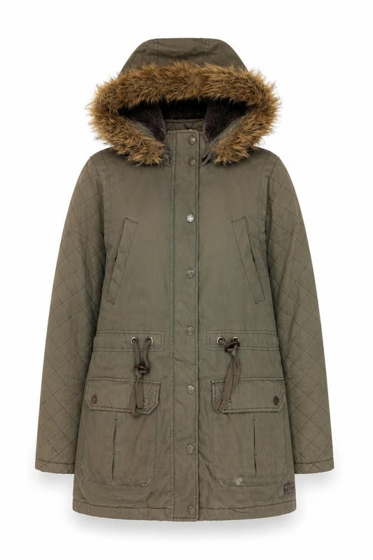Front view of FatFace Women's Green Parka Jacket, size 10, Hooded & Fur Trim