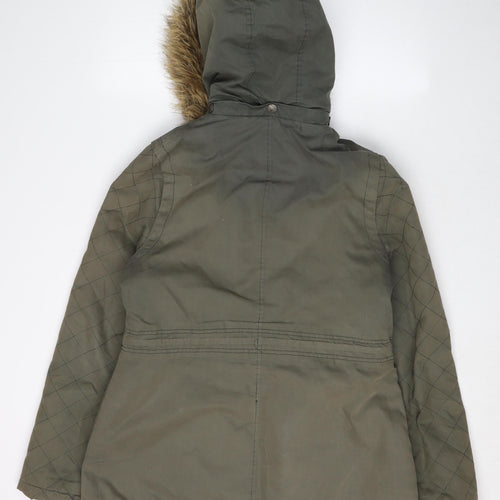 FatFace Women's Green Parka Jacket Size 10, Hooded & Fur Trim