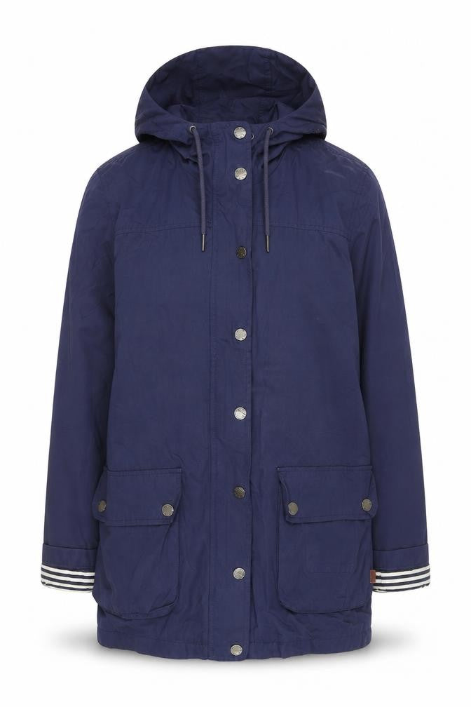 Front view of FatFace Women’s Blue Parka Jacket, size UK 10, with Hood
